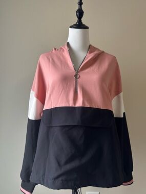 Pink Black Colour-block Pullover 1/4 Zip Up with Kangaroo Pocket